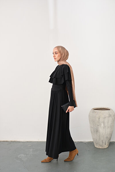 LOCCO Women's Shoulder Ruffle Detail Dress Black