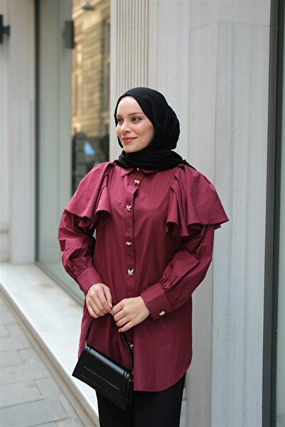 LOCCO Women's Flared Sleeves Button Detailed Shirt Burgundy