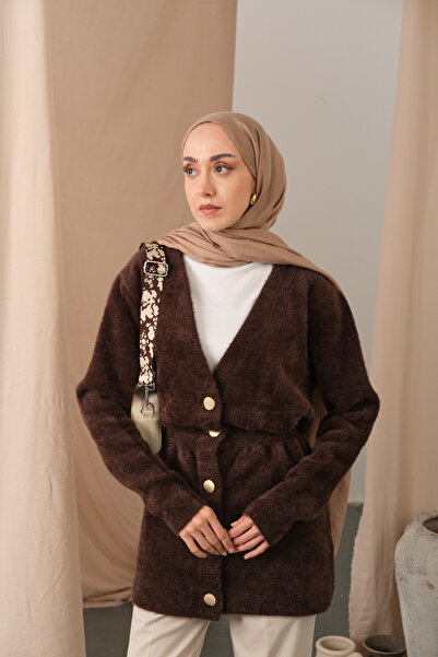 LOCCO Kadın Gold Düğme Detay Hırka Kahverengi