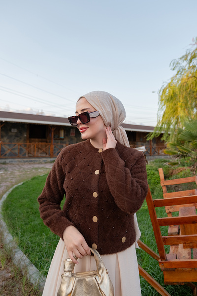 LOCCO Kadın İnci Detay Triko Ceket Kahverengi