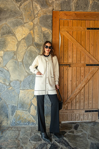 LOCCO Jachetă de tricotat pentru femei, cu gâtul rotund, bej