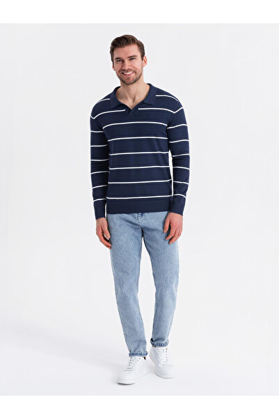 OMBRE Pánské polo tričko s dlouhým rukávem a horizontálními pruhy z viskózy - tmavě modré a bílé V1 OM-POLS-0146 M