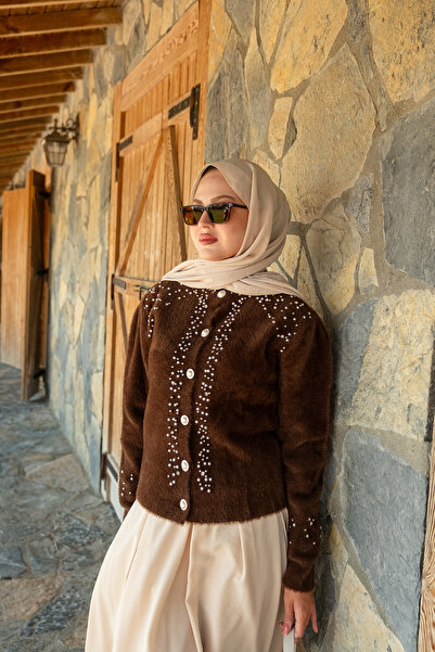 LOCCO Women's Stone Detail Knitwear Jacket Brown