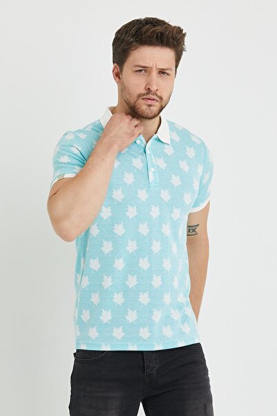 Polo State Ανδρικό μπλουζάκι με λαιμόκοψη με ζακάρ σχέδιο μπλε