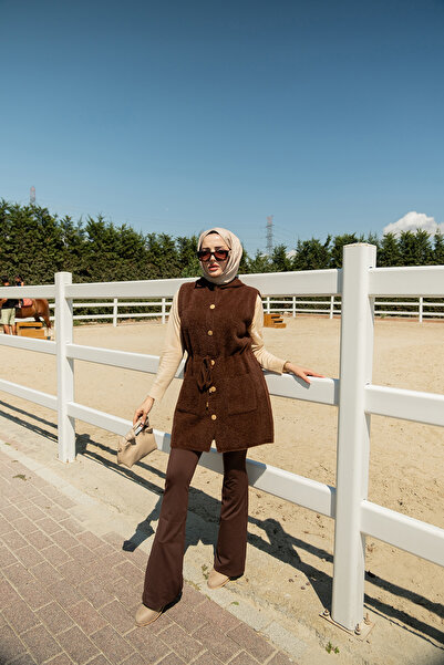 LOCCO Women's Waist-Tie Knit Vest Brown