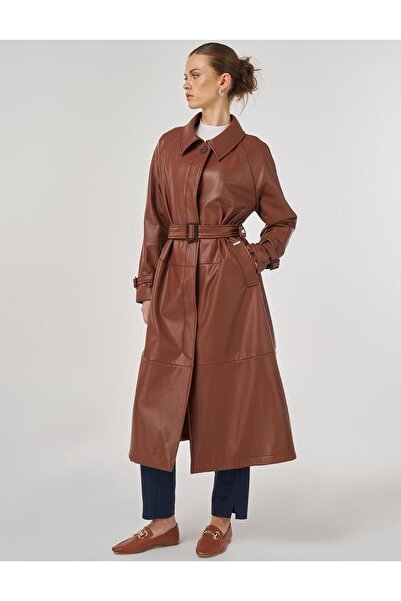 Kayra Dikiş Detaylı Suni Deri Trençkot Taba