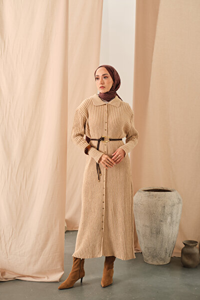 LOCCO Kadın Düğme Detay Triko Elbise Bej