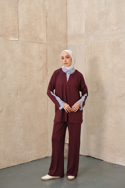 LOCCO Women's Shirt Collar Two-Piece Set Burgundy