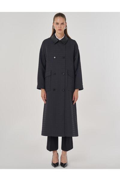 Kayra Şömizye Yaka Kaz Ayağı Desen Trençkot Siyah