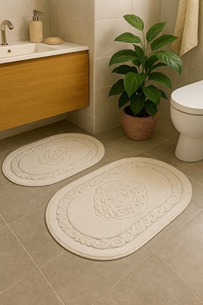 HOMEMOME Cotton Oval Bath Mat Set of 2 Ecru 60*100 & 50*60