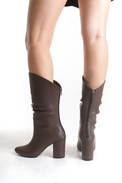 Limeo Γυναικείες μπότες με ψηλό τακούνι με χοντρό τακούνι με λεπτομέρεια με κορδόνι με φερμουάρ στην πλάτη, μεσαίου μήκους, πικρό καφέ