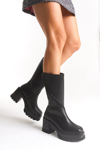 Limeo Γυναικείες μαύρες μακριές μπότες με στρογγυλή μύτη με χοντρή σόλα με φερμουάρ και τακούνι