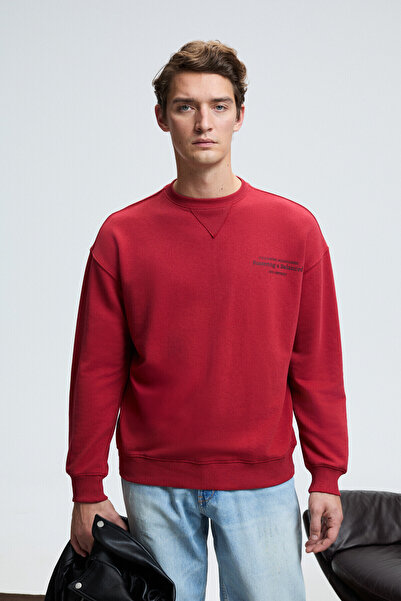 GRIMELANGE CASPIAN Erkek %100 Pamuk Bisiklet Yaka Karyoka Dikişli Baskılı Kırmızı Sweatshirt