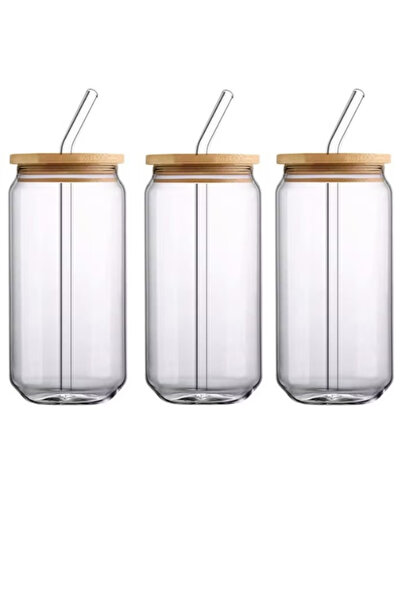 package home 3 Glass Drinking Cups with Bamboo Wooden Lid and Straw 550mm