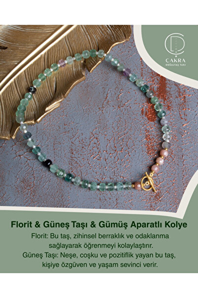 ÇAKRA DOĞAL TAŞ Florit & Güneş Taşı & Gümüş Aparatlı Kolye