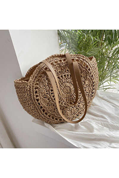 Choice 43x2x38cm Khaki Hollow Summer Round Straw Bags for Women Rattan Should...