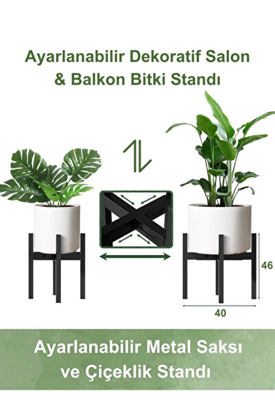 Adowan Ayarlanabilir Metal Saksı ve Çiçeklik Standı | Siyah Mat | Dekoratif S...