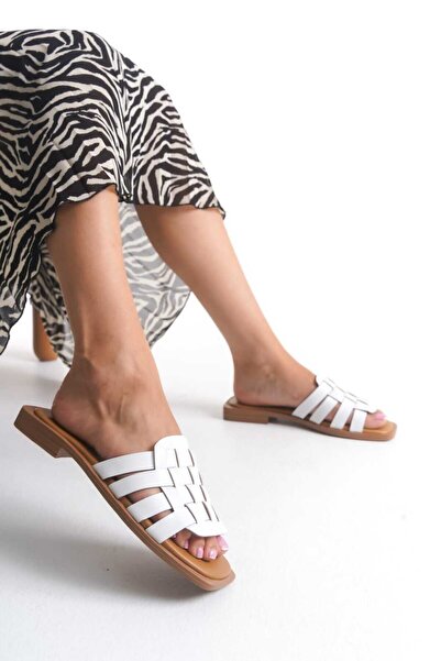 ERNİLA Ares White Genuine Leather Women's Slippers