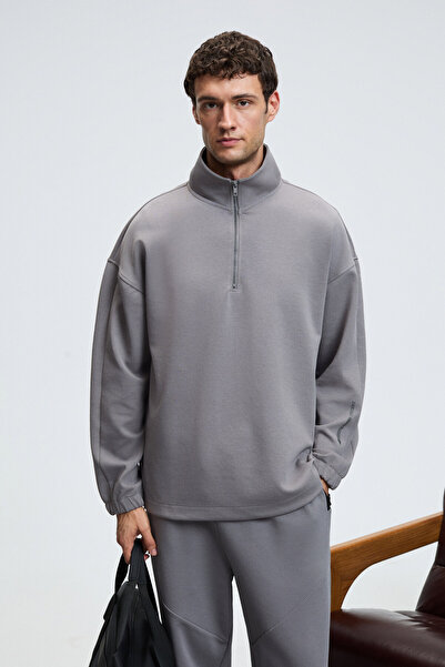 GRIMELANGE EDISON Erkek Yarım Fermuarlı Kolu Baskılı Dik Yaka Koyu Gri Sweatshirt