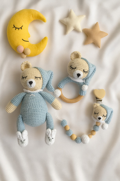 Jaju Baby Amigurumi Bebe Mavisi Uykucu Ayıcık 22 Cm Çıngırak Ve Emzik Zinciri...