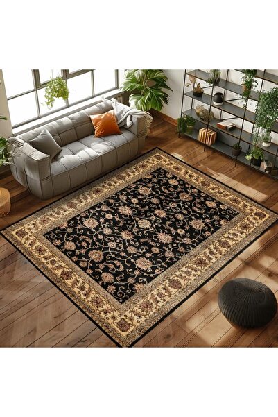 Carpettex Halı İran Tarzı Klasik Desenli Barok süslemeli Siyah Gold Bej Renkl...