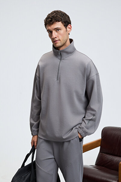 GRIMELANGE EDISON Erkek Yarım Fermuarlı Kolu Baskılı Dik Yaka Koyu Gri Sweatshirt