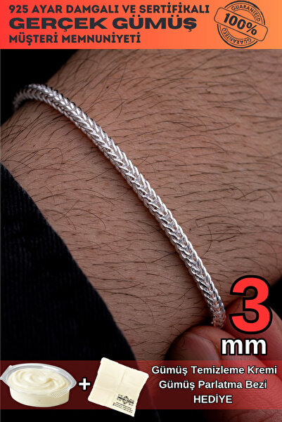 OSMANLI GÜMÜŞ Erkek Gümüş Bileklik - 3mm Gümüş Beyaz Parlak Tilki Kuyruğu Mod...
