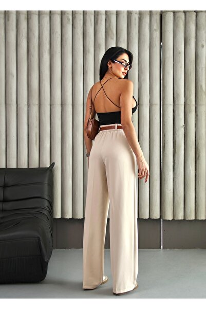 alanora Kadın Beli Lastikli Kemerli Dökümlü Salaş Palazzo Kumaş Pantolon