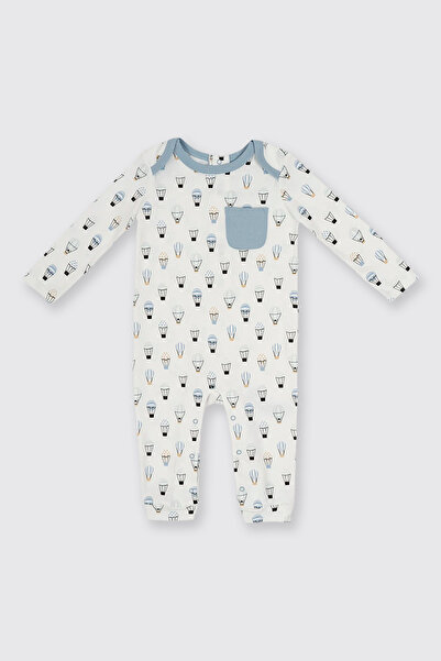 Panço Yenidoğan Baskılı Uzun Kollu Patikli Ekru Tulum