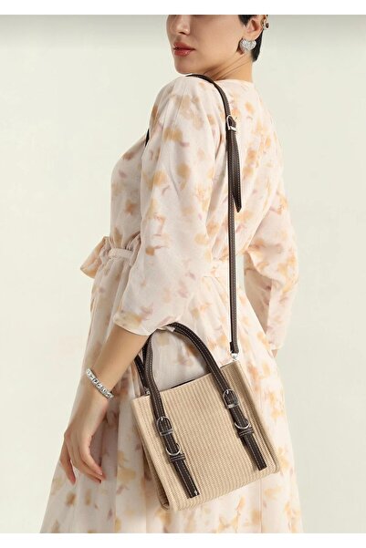 Tandi Bags Karrem Straw Belt Detailed Crossbody Bag Beige