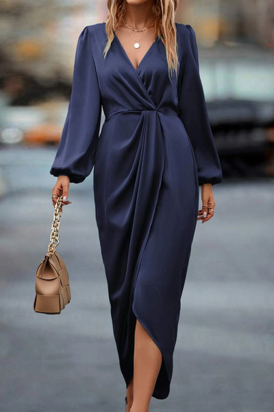 1fazlası Kadın Lacivert Kruvaze Yaka Kol ve Bel Lastik Büzgülü Drapeli SAten Abiye Elbise
