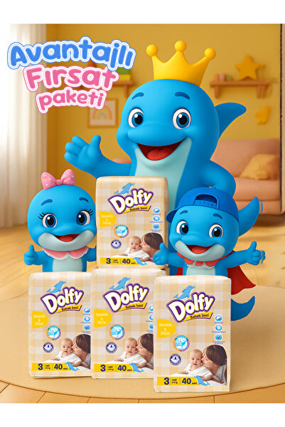 DOLFY Bebek Bezi 3 Beden Ekonomik Fırsat Paketi I 200 Adet I 4-9 Kg (40X5 PAKET)