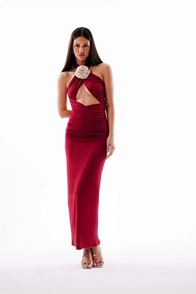 Love On Friday ROSANNA Rose Detailed Low-cut Long Evening Dress (Burgundy)