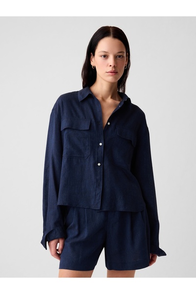 GAP Kadın Koyu Mavi %100 Keten Oversize Crop Gömlek