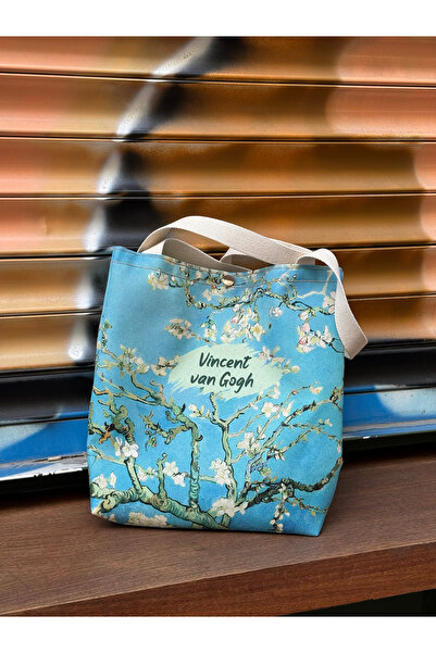 pamukcanta Vincent Van Gogh Badem Çiçeği Kanvas Bez Çanta Yıkanabilir Metal Çıtçıtlı 35x38cm (KÜÇÜK BOY)
