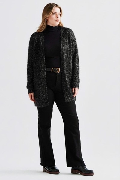 EVEN plus size Siyah Parlak İnci Broşlu Hırka