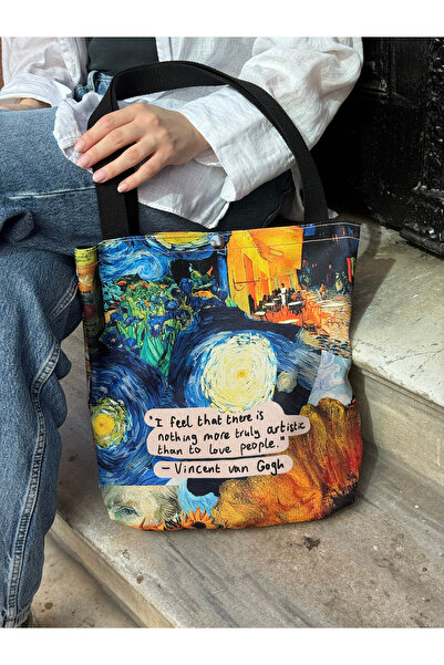 pamukcanta Vincent Van Gogh Kolaj Kanvas Bez Çanta Yıkanabilir Metal Çıtçıtlı 35x38cm (KÜÇÜK BOY)