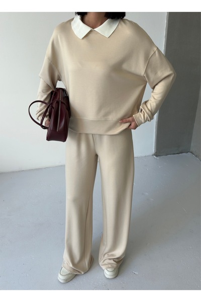 moda paketi Γυναικείο παντελόνι με φαρδύ πόδι & λευκό πλεκτό σετ φούτερ με λεπτομέρεια στο γιακά-Μαλακό υφασμάτινο ύφασμα μοντάλ