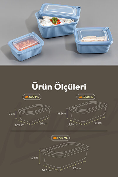 Vienev Blue 3X (1750,1050,600ml) Vip Rectangular Microwave and Difuzed Suitable Storage Container Set