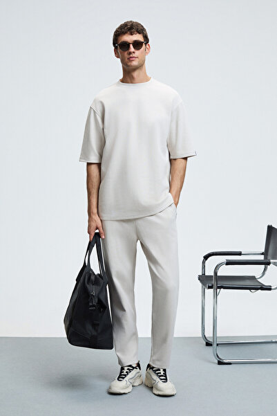 GRIMELANGE Barnaby Men's Round Neck Gray Bottom-Top Set with Sleeve and Trouser Pocket Ornament Label Detail