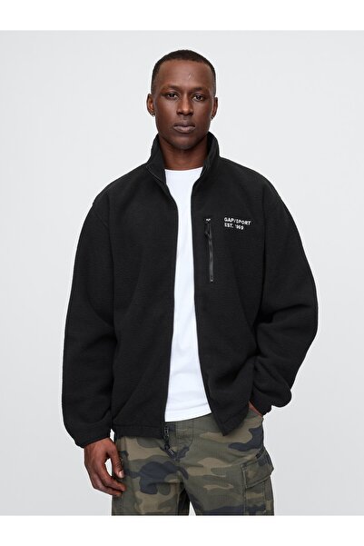 GAP Erkek Siyah Gap Logo Arctic Fleece Fermuarlı Ceket