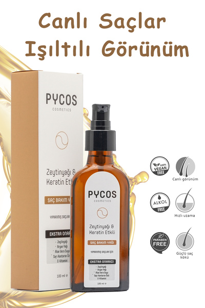 PYCOS COSMETICS Zeytinyağı-Keratin-Argan Yağı Etkenli Besleyici ve Onarıcı Saç Bakım Kompleksi 100 ML