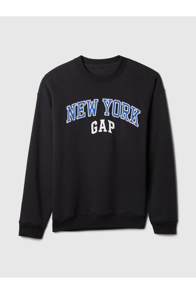 GAP Erkek Siyah Logo Grafikli Relaxed Fleece Sweatshirt