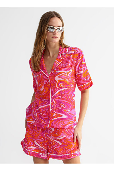 Fabrika Basic Apaş Yaka Desenli Pembe - Çok Renkli Kadın Gömlek LILA