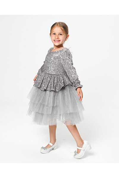 Tomac Gray Sequined Peplum Kids Evening Dress