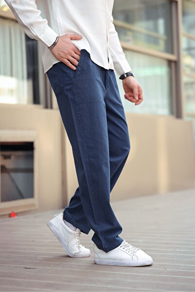 COMBİNE MİCHAİL Erkek Keten Bol Kesim Pantolon Lacivert