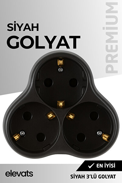 Elevats Premium Siyah 3’lü Papatya Golyat Priz | Çoklu Priz | 3'lü Priz | Priz Çoğaltıcı | 3'Lü Golyat