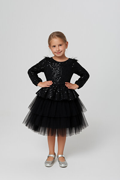 Tomac فستان سهرة للفتيات باللون الأسود مع ريش على الكتف