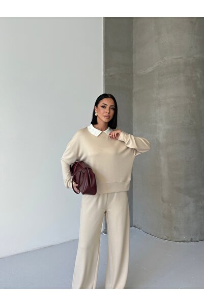 moda paketi Women's Wide Leg Pants & White Knitwear Collar Detailed Sweatshirt Set-Soft Textured Modal Fabric