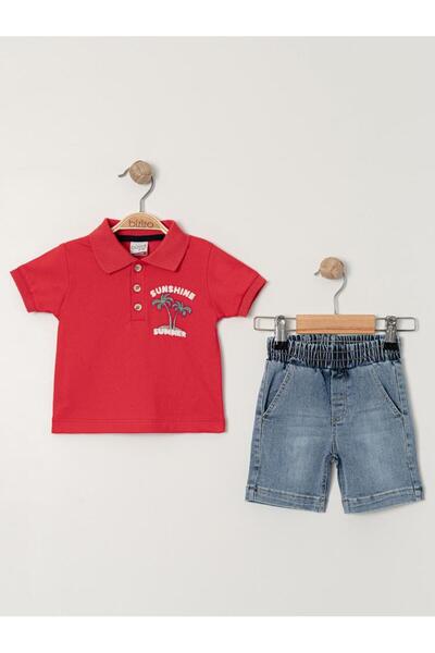 Bizizo طقم بولمي مطبوع بياقة بولو للأطفال من 9-24 شهرًا - أحمر 24-36 شهرًا